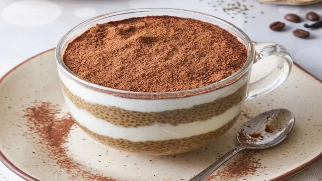Creamy Tiramisu Chia Pudding With Greek Yogurt layered with cocoa powder in a glass cup for a healthy dessert.