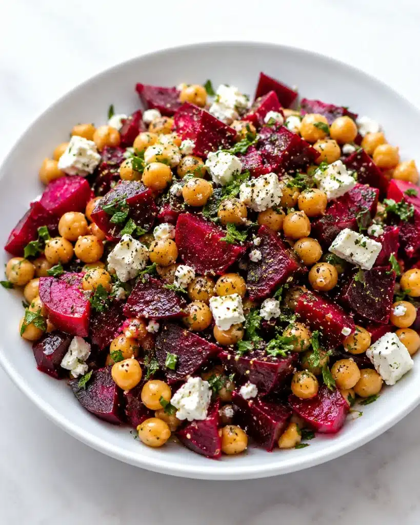 Zesty Chickpea Beet Feta Salad served in a white bowl with roasted beets, chickpeas, crumbled feta cheese, and fresh herbs.