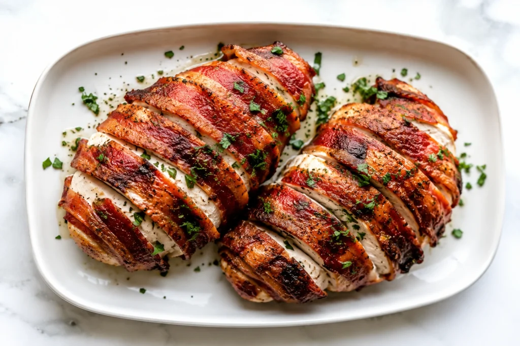 Air Fryer Bacon Wrapped Chicken sliced and served on a white platter, featuring juicy chicken breasts wrapped in crispy bacon and garnished with fresh parsley.