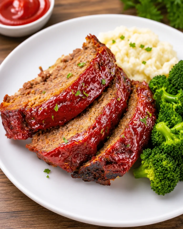 Air Fryer Garlic Parmesan Meatloaf Bites served on a white round plate with mashed potatoes and broccoli, topped with a glossy savory glaze.