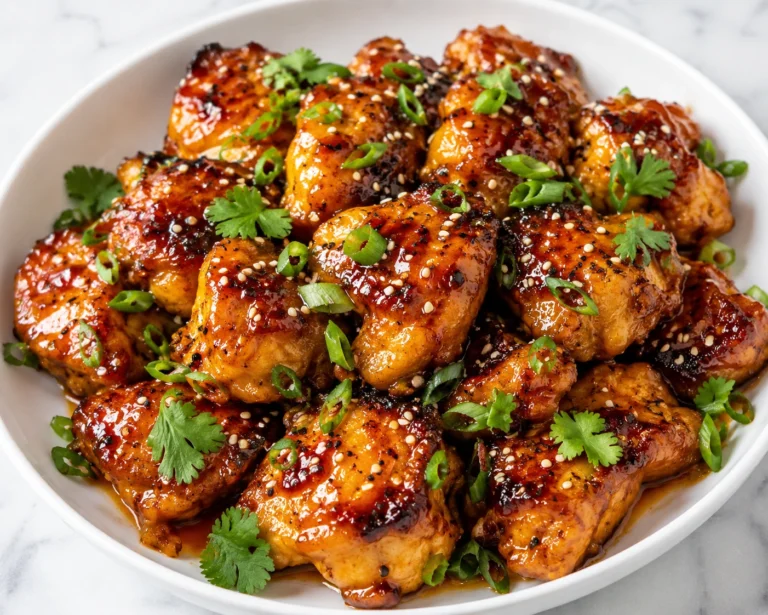 Asian Mango Glazed Chicken recipe served in a white bowl, coated in a sticky mango glaze and garnished with sesame seeds, green onions, and fresh cilantro.
