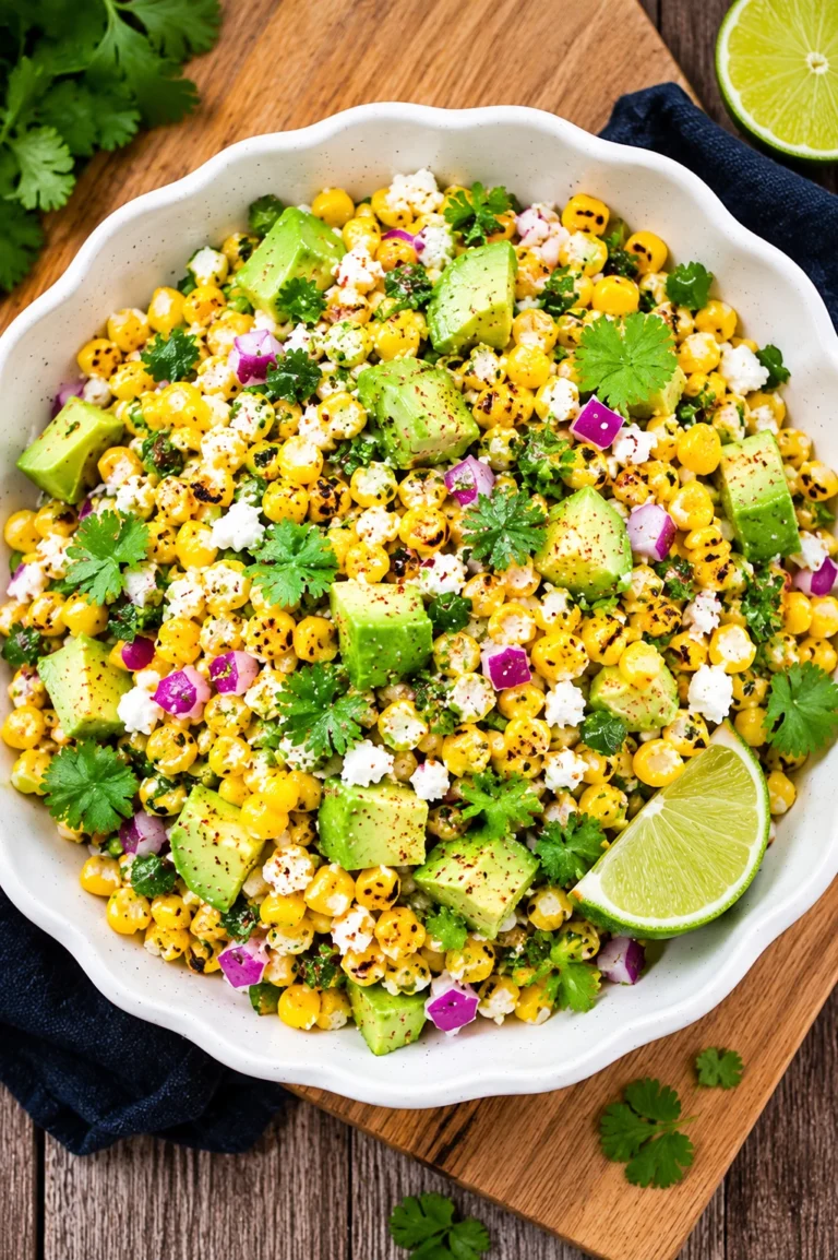 Avocado Corn Salad Recipe served in a white bowl with sweet corn, creamy avocado chunks, red onion, cilantro, crumbled cheese, and fresh lime, photographed from above.