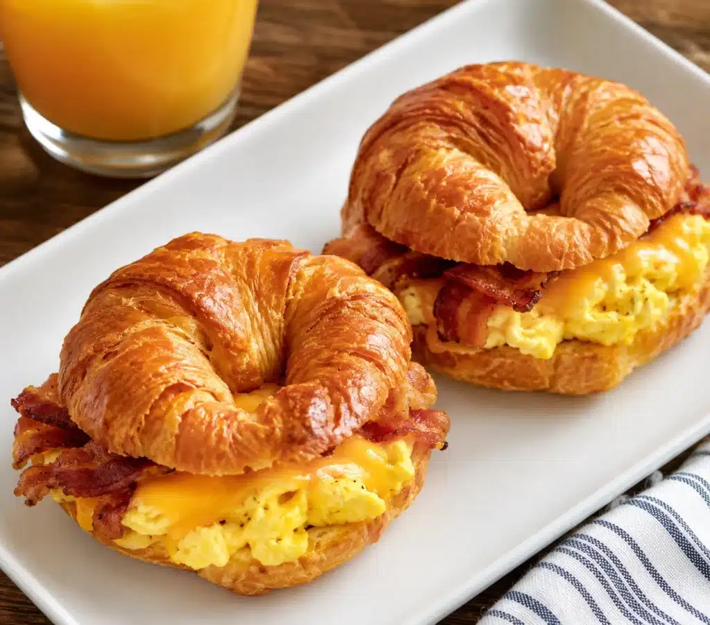 Two Bacon Egg and Cheese Croissants served on a white plate, filled with fluffy scrambled eggs, crispy bacon, and melted cheddar cheese.