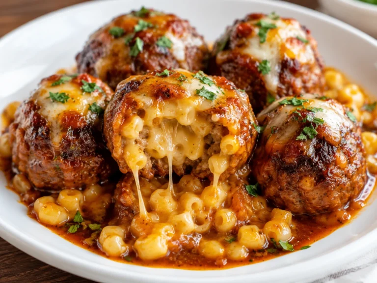 Baked Mac Cheese Stuffed Meatball Bombs served in a white bowl with juicy meatballs stuffed with creamy macaroni and cheese, topped with melted cheese and fresh parsley.