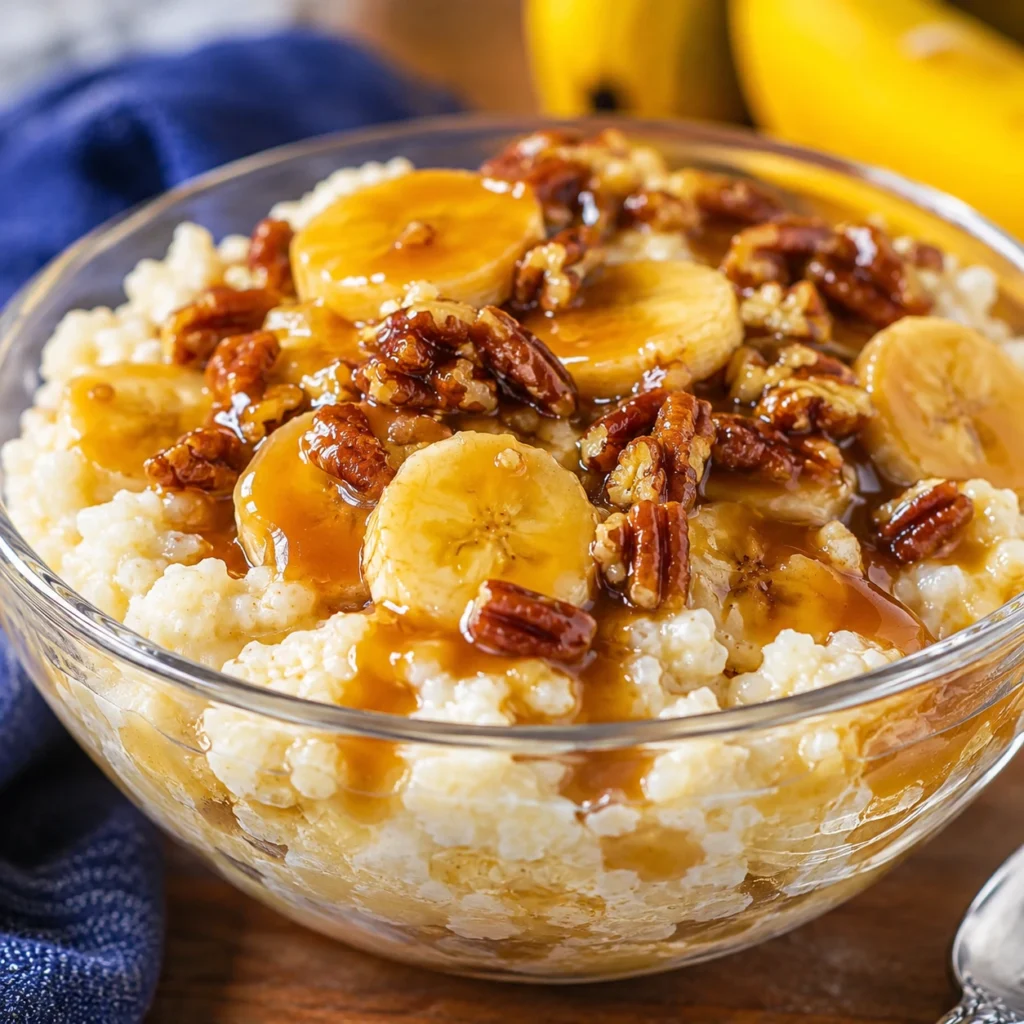 Banana Pudding Rice Krispies dessert served in a clear glass bowl, topped with fresh banana slices, caramel drizzle, and crunchy pecans.