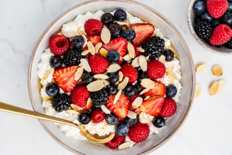 Berry Cottage Cheese Breakfast Bowl topped with fresh strawberries, raspberries, blackberries, blueberries, sliced almonds, and honey in a creamy cottage cheese base.