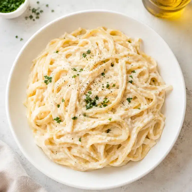Best Cottage Cheese Pasta Sauce served over creamy pasta in a white bowl, topped with fresh herbs and black pepper.