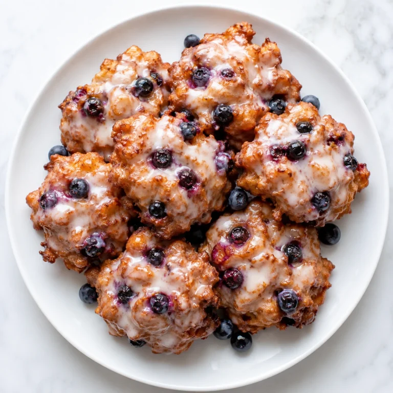 Blueberry Fritters recipe served on a white round plate, topped with sweet vanilla glaze and bursting with juicy blueberries.