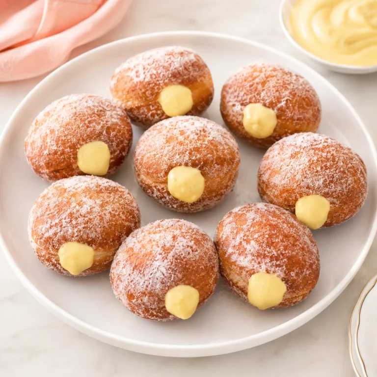 Bomboloni Italian Doughnuts Recipe served on a white plate, featuring fluffy sugar-coated Italian doughnuts filled with creamy vanilla custard.