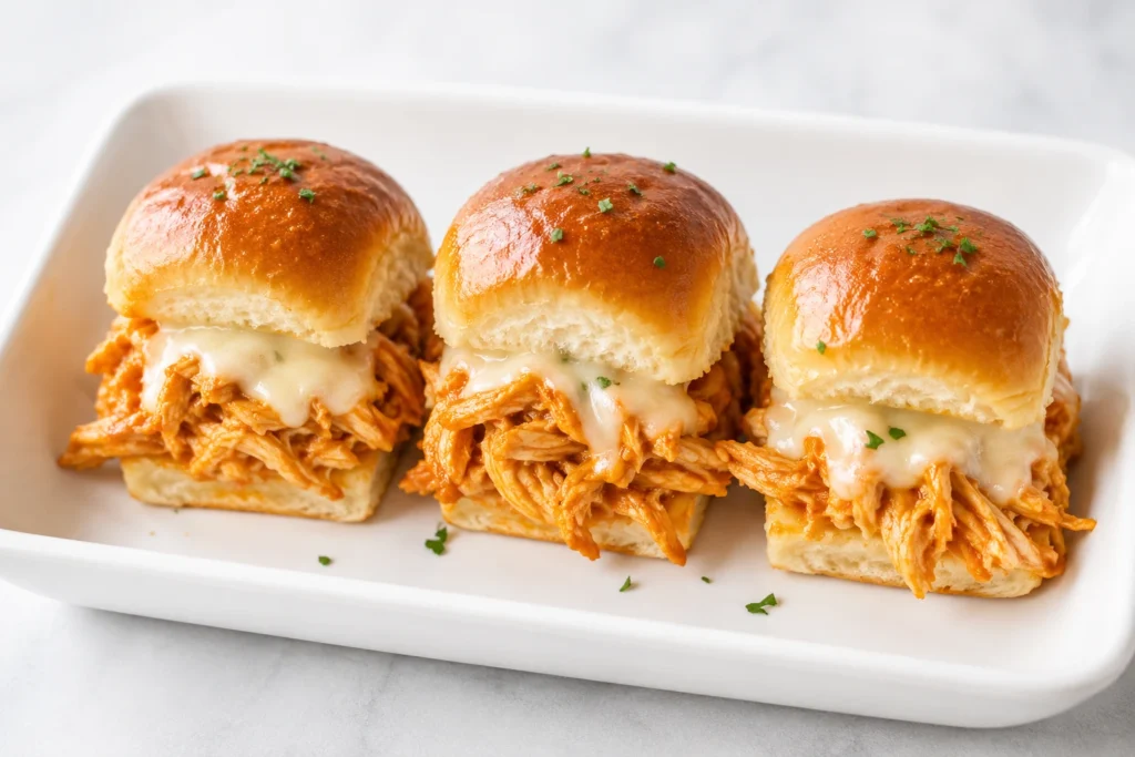 Buffalo Chicken Sliders served on a white plate with tender shredded buffalo chicken, melted cheese, and soft golden slider buns.