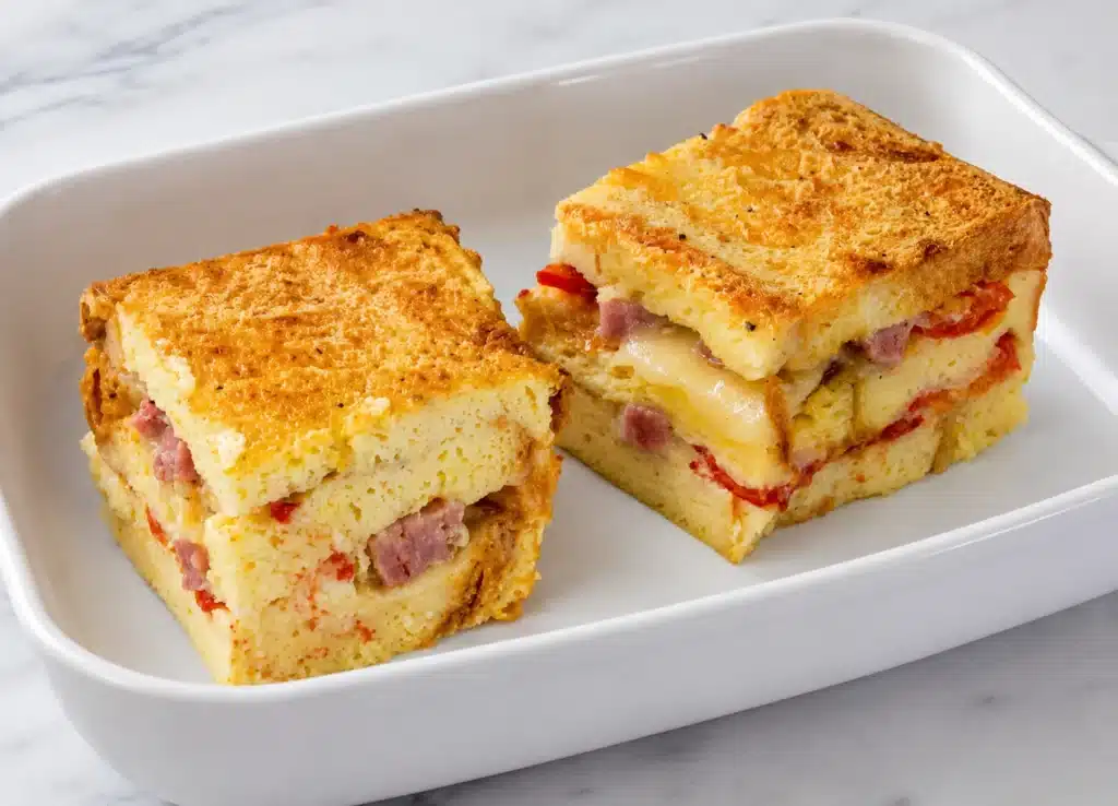 Two thick slices of Cheesy Ham Breakfast Casserole with melted cheese and diced ham served in a white baking dish.