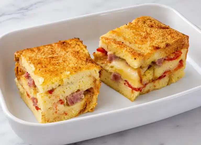 Two thick slices of Cheesy Ham Breakfast Casserole with melted cheese and diced ham served in a white baking dish.