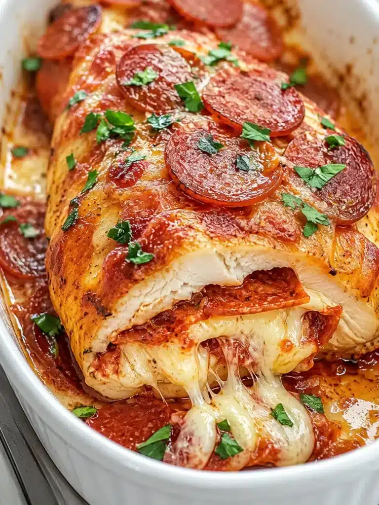 Cheesy Pizza Stuffed Chicken Recipe baked with melted mozzarella cheese, pepperoni, pizza sauce, and fresh parsley in a white baking dish.