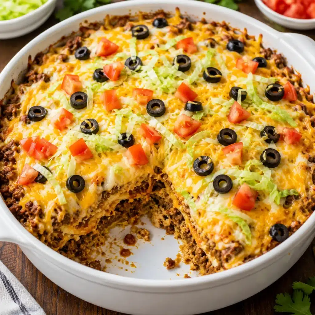 Cheesy Taco Casserole baked in a white round dish with seasoned taco meat, melted cheese, black olives, diced tomatoes, and shredded lettuce.