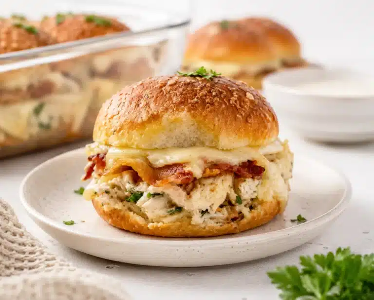 Chicken Bacon Ranch Sliders served on a white plate with melted cheese, crispy bacon, and creamy ranch chicken filling.