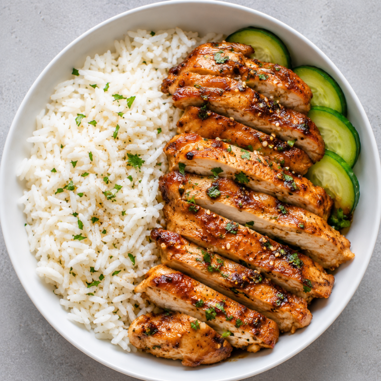 Chicken and Rice Meal Prep Recipe served in a white round bowl with juicy glazed chicken breast, fluffy white rice, fresh cucumber slices, and herbs.