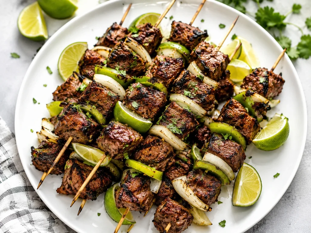 Juicy Chipotle Lime Steak Kabobs served on a white round platter with grilled steak, bell peppers, onions, fresh lime wedges, and herbs.