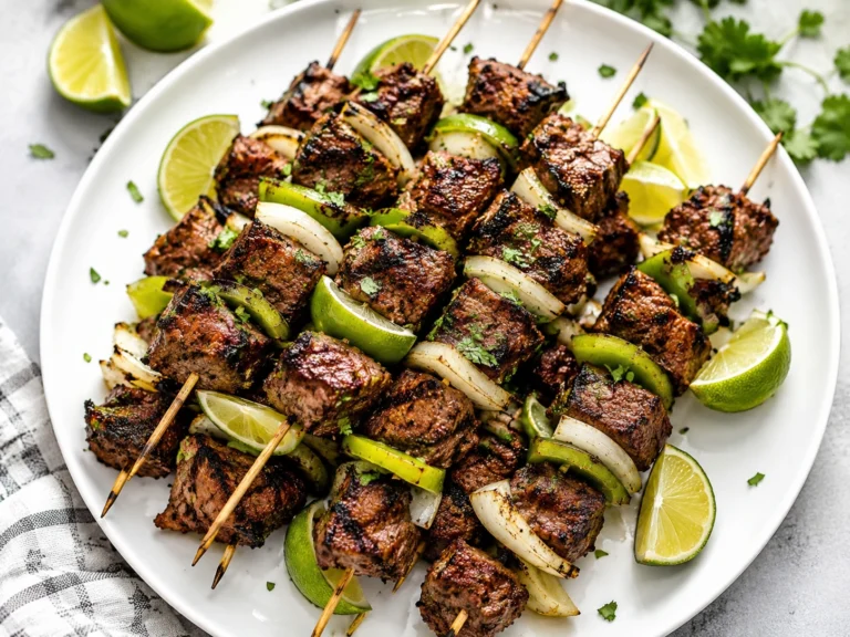 Juicy Chipotle Lime Steak Kabobs served on a white round platter with grilled steak, bell peppers, onions, fresh lime wedges, and herbs.