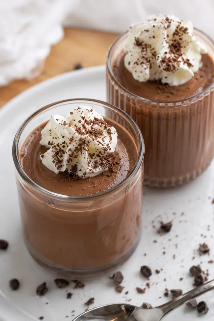 Creamy Chocolate Cottage Cheese Pudding served in elegant glass cups and topped with whipped cream and chocolate shavings, a high-protein healthy dessert.