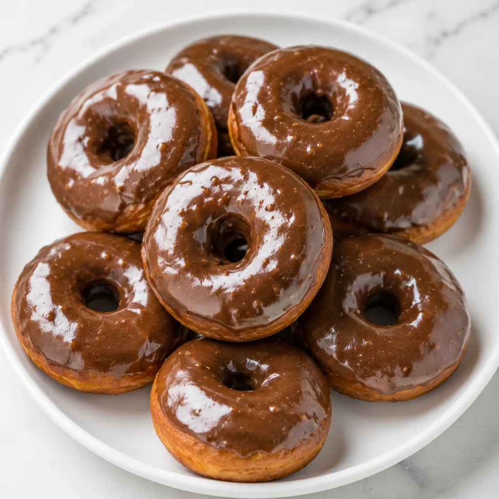 Chocolate Glazed Donuts stacked on a white round plate with a rich glossy chocolate glaze and soft fluffy texture.