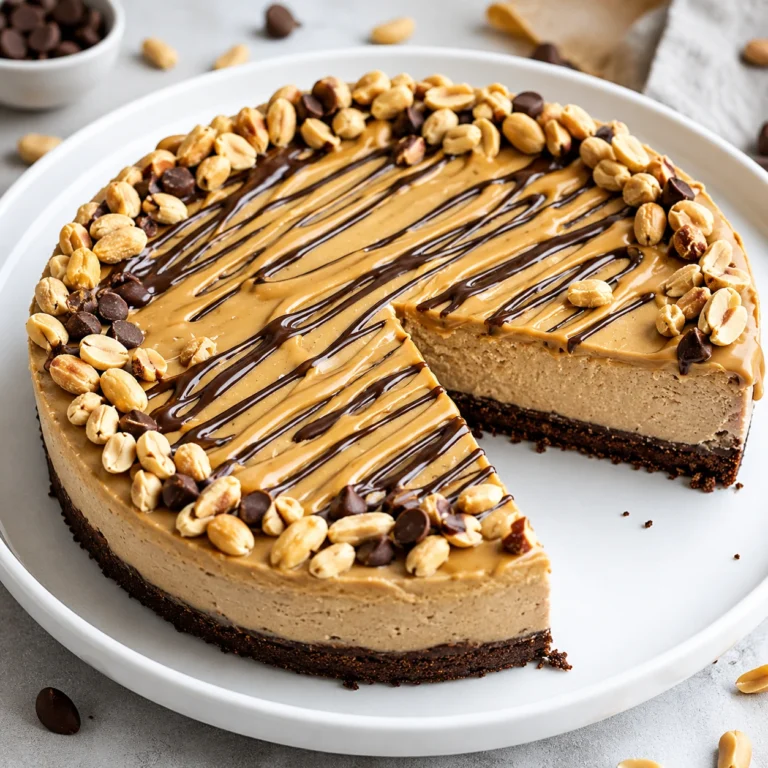 Chocolate Peanut Butter Protein Cheesecake on a white serving plate topped with creamy peanut butter drizzle, chocolate drizzle, crunchy peanuts, and chocolate chips.