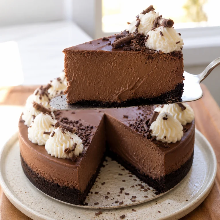 Rich and creamy Chocolate Protein Cheesecake with a chocolate cookie crust, whipped cream topping, and chocolate shavings on a dessert plate.