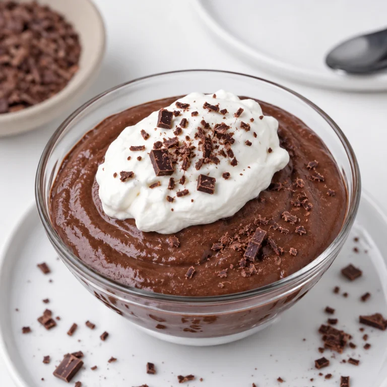 Creamy Chocolate Protein Pudding served in a clear glass bowl, topped with whipped cream and dark chocolate shavings. A rich, high-protein dessert perfect for healthy snacking.
