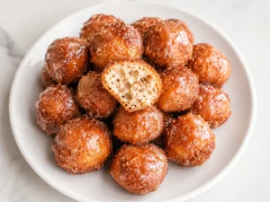 Golden-brown Cinnamon Roll Donut Bites glazed with sweet icing and served on a white plate, featuring a soft and fluffy interior.