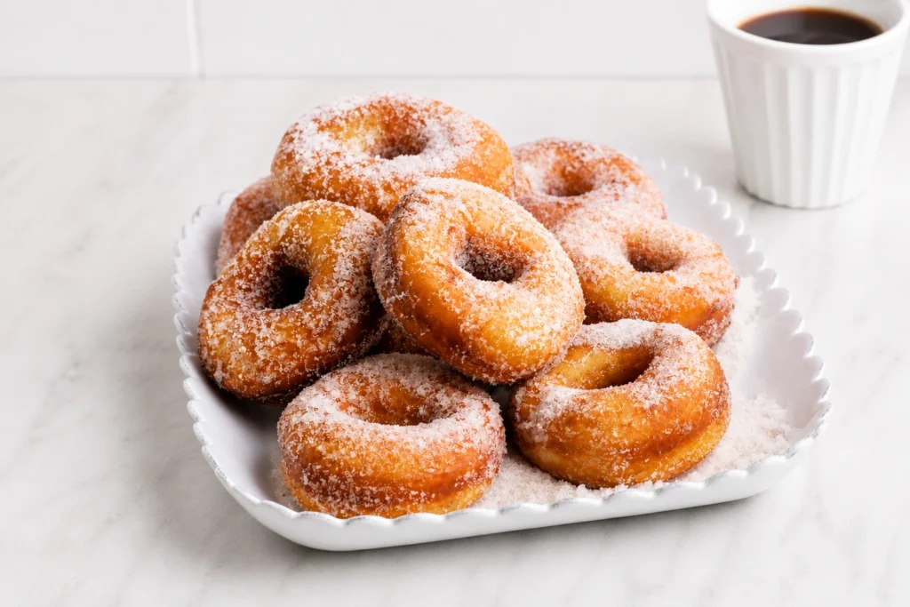 Freshly made Cinnamon Sugar Donuts piled on a white serving dish, coated in sweet cinnamon sugar and served with a cup of coffee on a bright marble countertop.