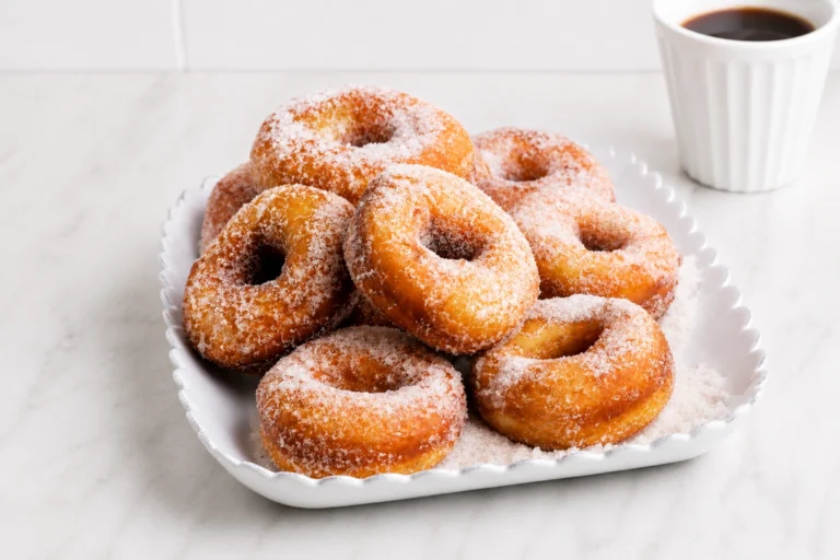 Freshly made Cinnamon Sugar Donuts piled on a white serving dish, coated in sweet cinnamon sugar and served with a cup of coffee on a bright marble countertop.