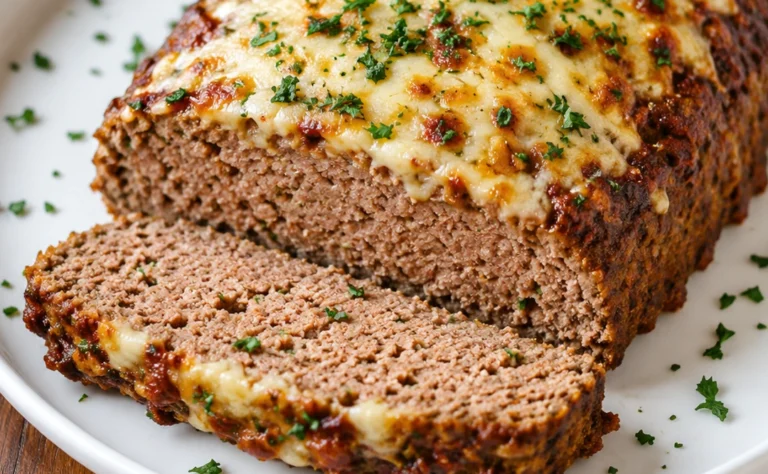 Classic Garlic Parmesan Beef Meatloaf topped with melted Parmesan cheese and fresh parsley, sliced and served on a white round plate for a hearty family dinner.