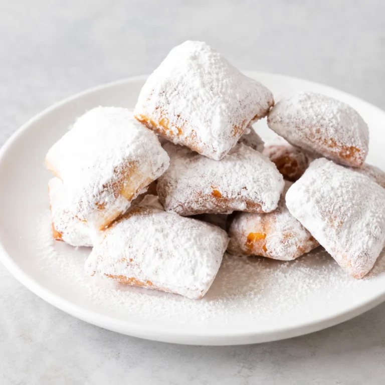 Classic New Orleans Beignets piled on a white round plate and generously coated with powdered sugar, featuring a light, fluffy texture and golden fried exterior.