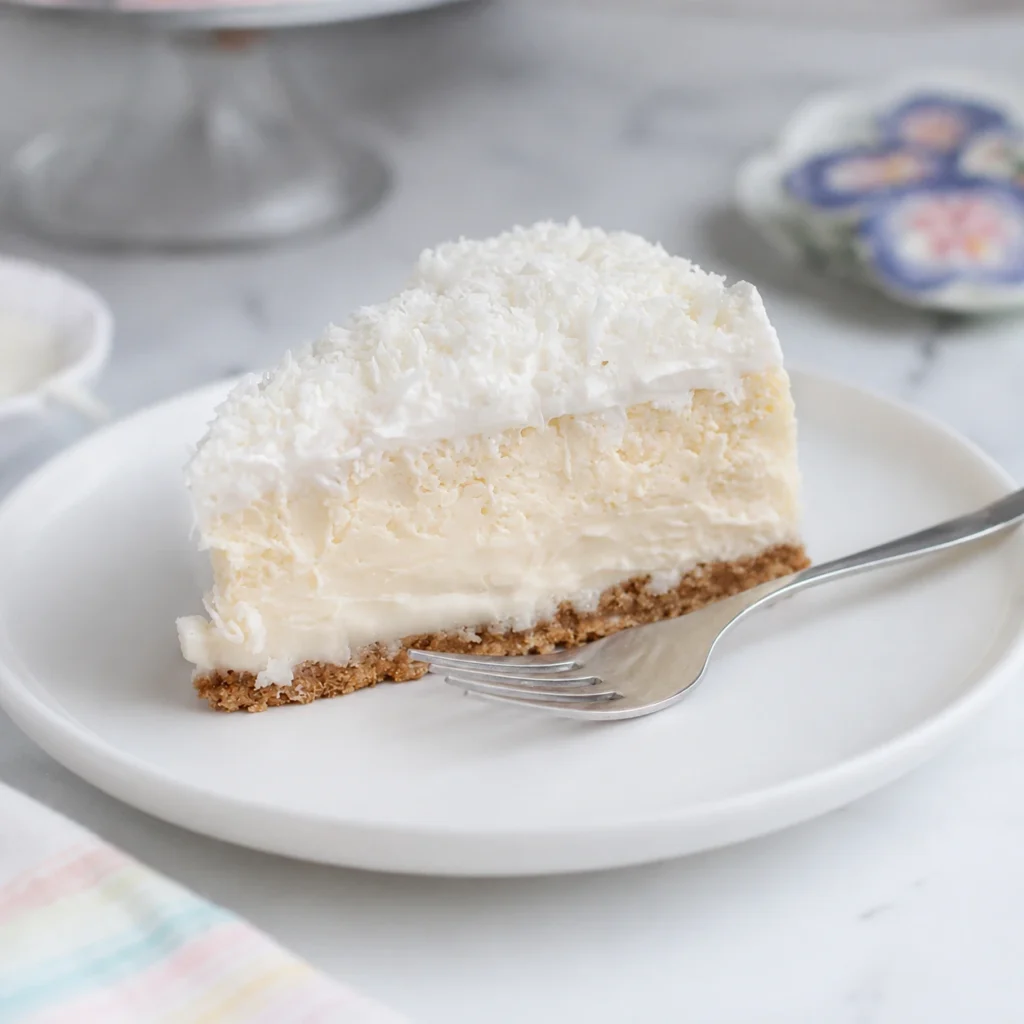 Slice of Coconut Protein Cheesecake topped with shredded coconut and served on a round white plate with a creamy filling and crunchy crust.
