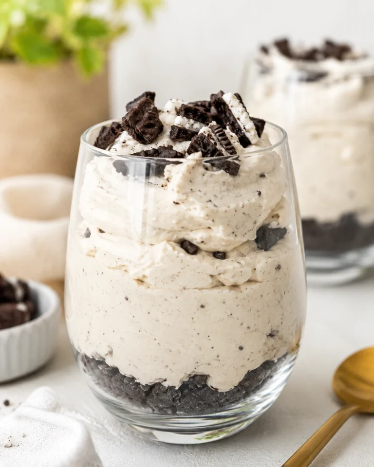 Creamy Cookies & Cream Protein Cheesecake Cups layered in a clear glass dessert cup with a chocolate cookie crumb base and crunchy cookie pieces on top.