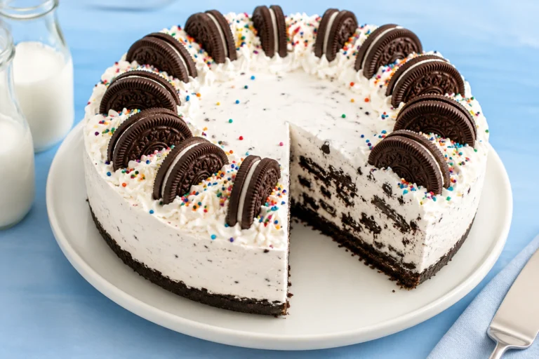 Cookies and Cream Cheesecake Fluff served on a white plate, topped with Oreo cookies, whipped cream, and colorful sprinkles, featuring a rich cookies-and-cream filling.