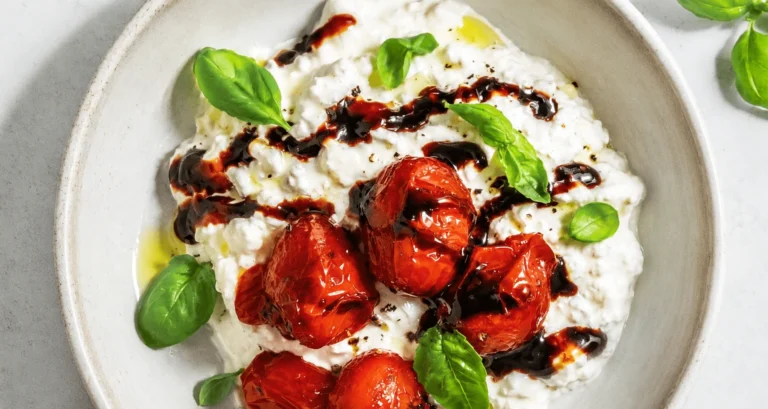 Cottage Cheese Caprese Bowl topped with roasted cherry tomatoes, fresh basil leaves, balsamic glaze, and olive oil in a ceramic bowl.