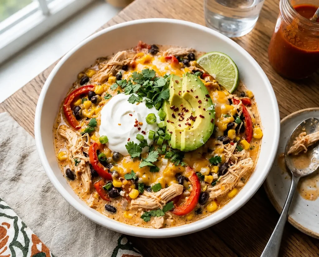 Cottage Cheese Chicken Enchilada Bowl topped with shredded chicken, avocado slices, sour cream, black beans, corn, cheddar cheese, cilantro, and lime in a white bowl.