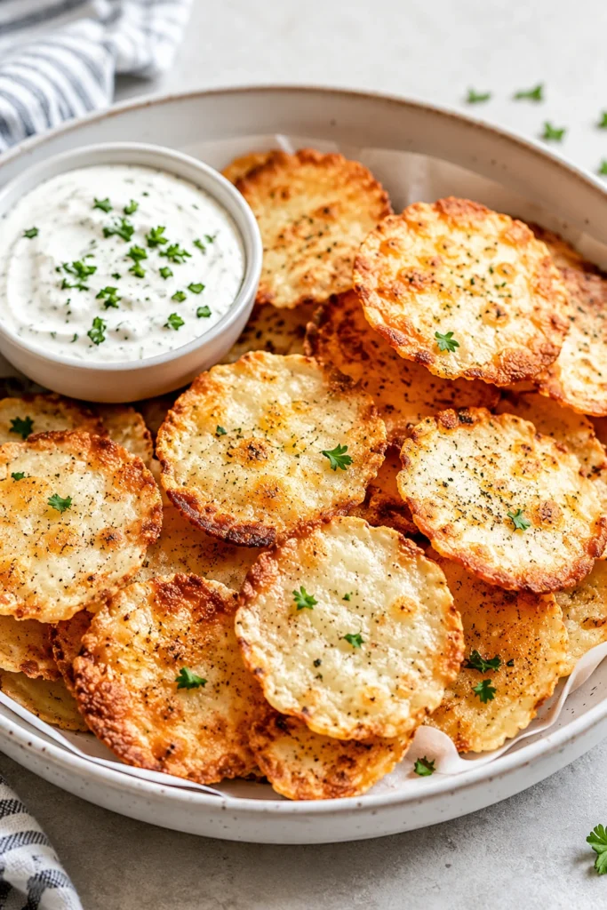 Crispy golden Cottage Cheese Chips served on a beige ceramic platter with a creamy herb dip, garnished with fresh parsley and baked until perfectly crunchy.
