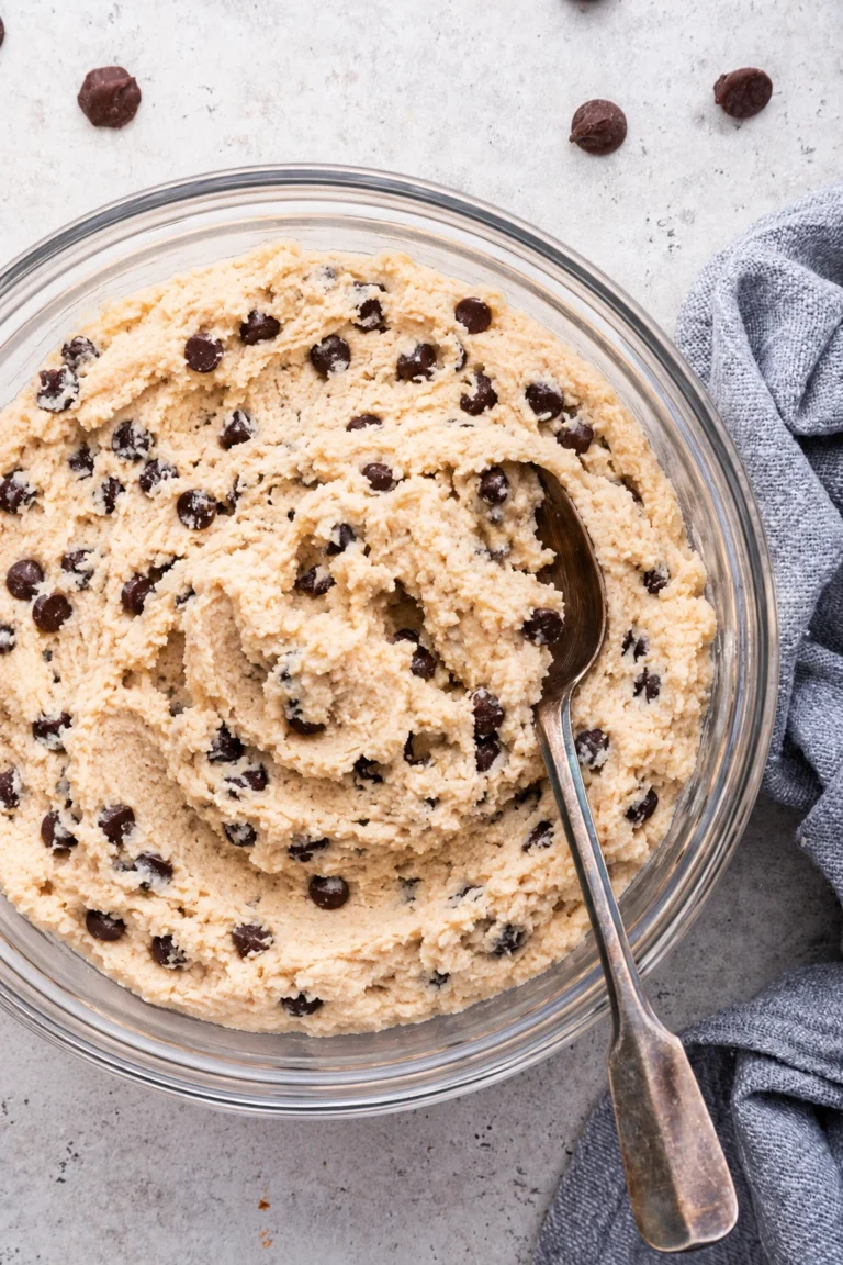 Creamy Cottage Cheese Cookie Dough in a clear glass bowl topped with mini chocolate chips, photographed from above with a spoon on a light background.
