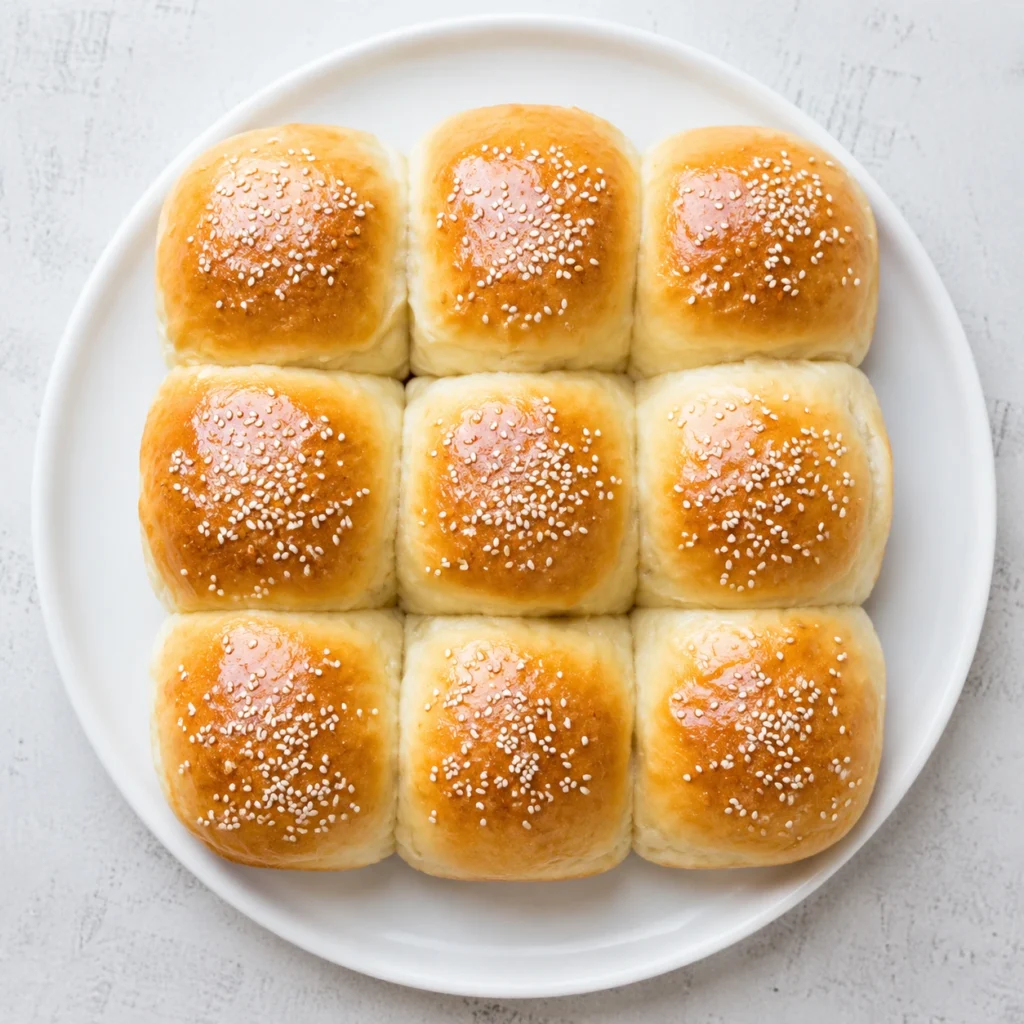 Fluffy Cottage Cheese Dinner Rolls served on a white round plate, topped with sesame seeds and baked to a golden-brown perfection.