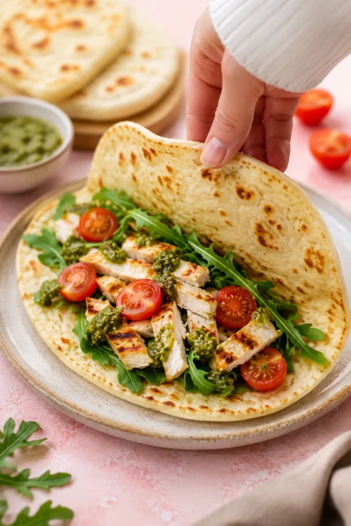 Cottage Cheese Flatbread Recipe folded with grilled chicken, arugula, cherry tomatoes, and pesto on a ceramic plate, creating a healthy high-protein meal.