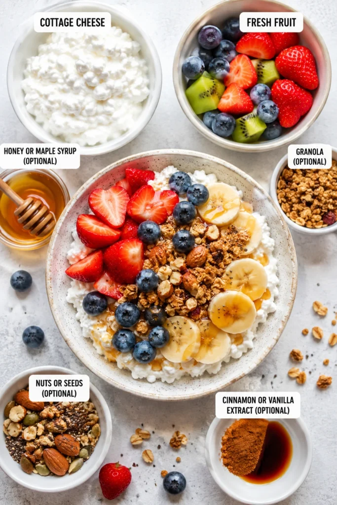 Cottage Cheese Fruit Bowl ingredients displayed in separate bowls, including cottage cheese, fresh strawberries, blueberries, kiwi, honey, granola, mixed nuts, seeds, cinnamon, and vanilla extract.