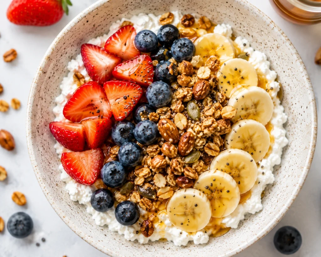 Cottage Cheese Fruit Bowl topped with fresh strawberries, blueberries, banana slices, crunchy granola, mixed nuts, and a drizzle of honey in a rustic ceramic bowl.