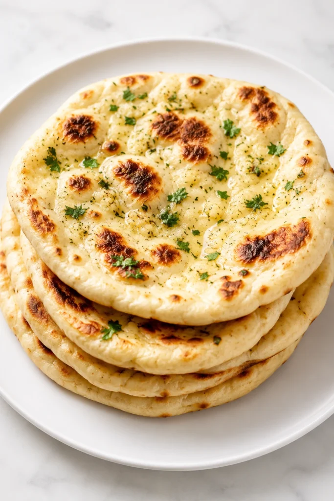 Stack of golden-brown Cottage Cheese Naan Bread on a white plate, topped with garlic butter and fresh herbs, showcasing its soft, fluffy texture and high-protein homemade appeal.