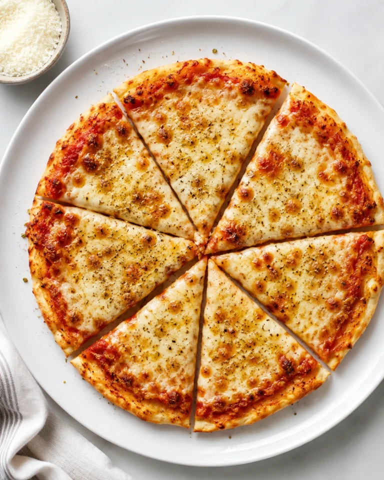 Cottage Cheese Pizza Crust topped with melted mozzarella cheese and Italian herbs, sliced and served on a white round plate for a healthy high-protein pizza meal.