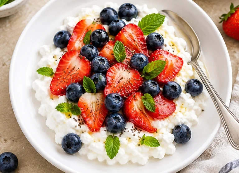 Cottage Cheese Snack topped with fresh strawberries, blueberries, mint leaves, and a light honey drizzle in a white bowl.
