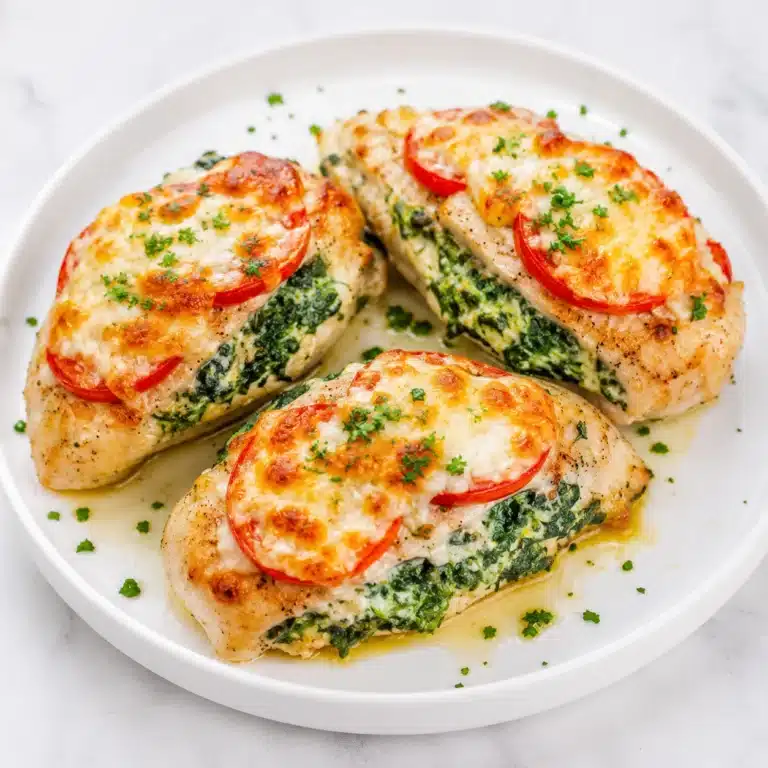 Cream Cheese Spinach Stuffed Chicken Breast served on a white round plate, filled with creamy spinach and topped with melted cheese and tomato slices.