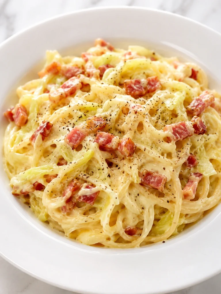 Creamy Cabbage Carbonara served in a white bowl with crispy pancetta, tender cabbage, and a rich creamy sauce topped with black pepper.