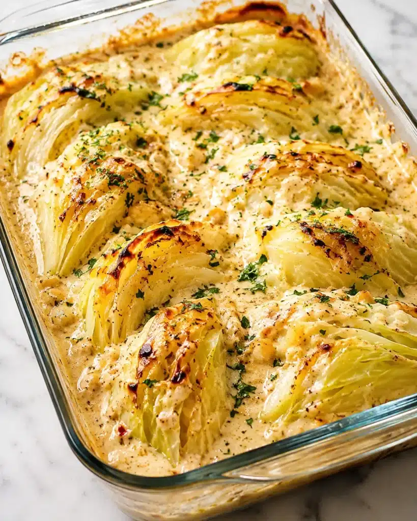 Creamy Garlic Butter Melting Cabbage Recipe baked in a glass casserole dish with tender cabbage wedges, rich garlic butter cream sauce, and fresh parsley.