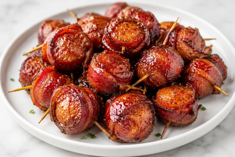Crispy Bacon Wrapped Kielbasa Bites served on a white plate, featuring smoky kielbasa wrapped in crispy bacon and coated in a glossy sweet glaze.